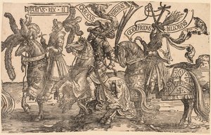 A kilenc hős: Arthur, Nagy Károly (Charlemagne), Godfrey of Bouillon alkotó: Lucas van Leyden