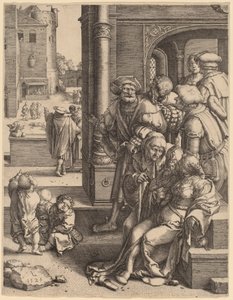 Vergilius költő kosárba függesztve alkotó: Lucas van Leyden