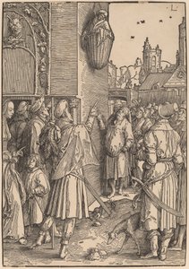 Vergilius költő kosárba függesztve alkotó: Lucas van Leyden