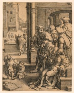 Vergilius költő kosárba függesztve alkotó: Lucas van Leyden
