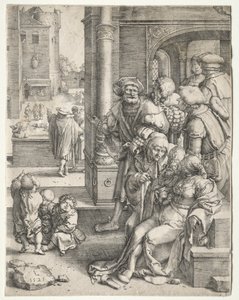 Vergilius költő kosárba függesztve alkotó: Lucas van Leyden