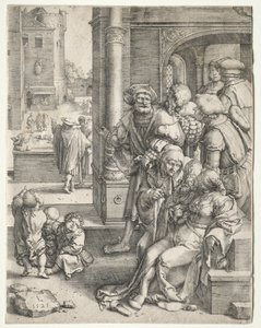 Vergilius költő kosárba függesztve, 1525. alkotó: Lucas van Leyden