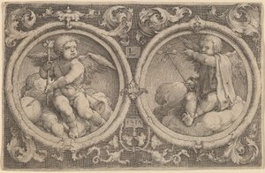 Két Ámor ül a felhőkön két körben alkotó: Lucas van Leyden