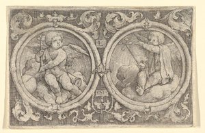 Két putti felhőkben ülve körökben indákkal, 1517. alkotó: Lucas van Leyden