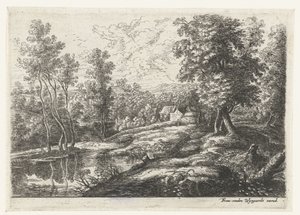 Táj házakkal és fallal körülvett templommal Öt tájkép (sorozat címe) alkotó: Lucas van Uden