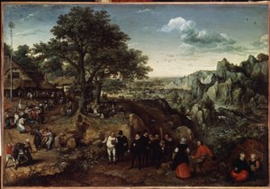 Táj vidéki ünneppel (Táj vidéki ünneppel). Lucas van Valckenborch (1530-1597) festménye. Olaj, vászon, 48,5 x 73,4 cm, 1580 vége 1590 eleje. Holland művészet, barokk művészet. Ermitázs Múzeum, Szentpétervár. alkotó: Lucas van Valckenborch