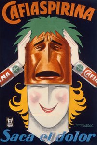 Argentínában készült plakát a Cafiaspirina aszpirin (színes litho) reklámozására
