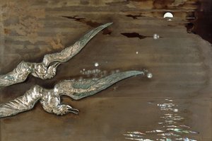 Fém lakk panel ezüst sirályokkal, 1900 körül (fém lakk panel, ezüst) alkotó: Lucien Gaillard