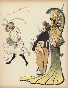 Lány int egy művésznek, hogy kövesse őt (színes litó) alkotó: Lucien Metivet