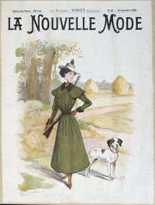 Nő vadászruhában, puskát viselő – „” La Nouvelle Mode”-ban, 1898. szept. alkotó: Lucien Metivet