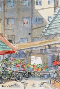 Orange Dusters Drying, Mahane Yehuda, Jeruzsálem, 2019 (papír nélkül) alkotó: Lucy Willis