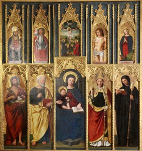 Oltárkép, 10 festmény: Szűz és gyermeke Keresztelő Szent János és Szent Péter között, Egy püspök és apát, Krisztus a kereszten Szent János és Szűz között, Szent Márton és Szent Viktor, Szent Sebestyén és Szent Margit.