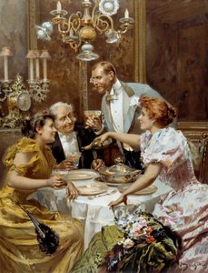 Gyönyörű idő: "" A finom vacsora"" Két pár pezsgőt iszik egy privát társalgóban. Illusztráció: Ludovico Marchetti (1853-1909) 1893 Magángyűjtemény