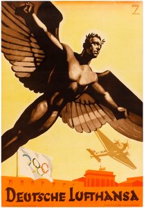 Deutsche Lufthansa, a német légitársaságok plakátja, amely az 1936-os olimpiai játékokat népszerűsíti a náci Németországban (plakát). alkotó: Ludwig Hohlwein