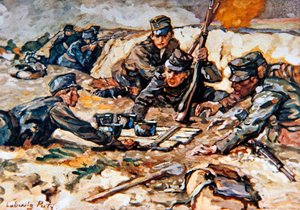 Az orosz tüzérség tüze alatt táplálékot szállítanak az osztrák lövészárkokba alkotó: Ludwig Putz