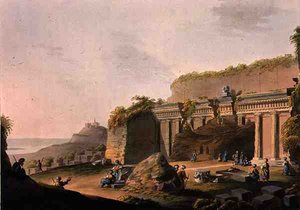 Egy sziklába vájt barlang, Lind Rodosz közelében, a Robert Bowyer (1758-1834) által 1803-ban kiadott "Nézetek az oszmán birodalomban" című műből (színes akvatinta).
