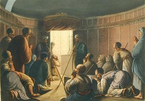 A Szent Sír-kápolna bejárata, a „Nézetek Palesztinában” című könyvből, 1804-es londoni nyomtatott (színes litó)