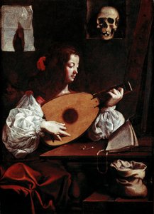 A lantos A kotta mellett két gyűrűt, egy tűt és egy koponyát (vanitas) helyeznek az állványra. Luigi Miradori festménye dit Il Genovesino (1600/10-1655/57) 17. századi Galleria di Palazzo Rosso Genes Italy