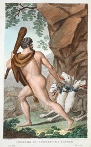 Hercules és Cerberus vagy Cerbero Incatenato da Ercole, VII. könyv, illusztráció Ovidius Metamorphoses című művéből, Firenze, 1832 (kézzel színezett metszet). alkotó: Luigi Ademollo