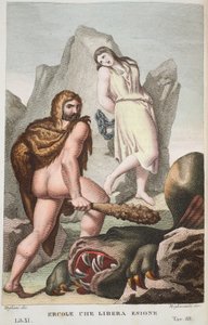 Herkules megmenti Hesionét vagy Ercole che Libera Enionét, XI. könyv, illusztráció Ovidius Metamorfózisaiból, Firenze, 1832 (kézzel színezett metszet) alkotó: Luigi Ademollo