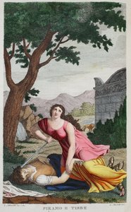 Pyramus és Thisbe vagy Piramo e Tisbe, IV. könyv, illusztráció Ovidius metamorfózisaiból, Firenze, 1832 (kézzel színezett metszet)