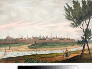Kilátás egy fallal körülvett városra, valószínűleg Luccára Toszkánában (Tinta és akvarell, 1820 körül) alkotó: Luigi Garibbo