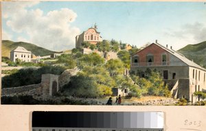 Kilátás az oreginai dombra és a templomra, Genova (akvarell, 1825 körül) alkotó: Luigi Garibbo