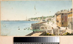 Kilátás Genova kikötőjére a Lanternával, a város világítótornyával, a bástyákkal és a San Teodoro templommal (akvarell alkotó: Luigi Garibbo