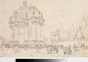 Kilátás a diadalívre a Porta san Galloban, Firenzében (rajz, 1825 körül) alkotó: Luigi Garibbo
