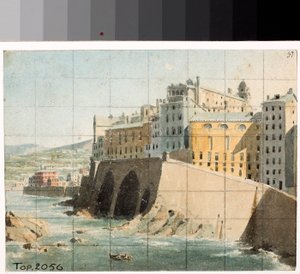 Kilátás a falakra a tengeren Genovában (akvarell, kb. 1822) alkotó: Luigi Garibbo