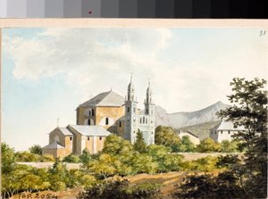 Kilátás az ss Nazarius és Celsus templomra Arenzanóban, Genovában (akvarell, kb. 1825)