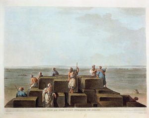 Egyiptom, Giza első piramisának teteje, Luigi Mayer "Nézetei" című metszet alkotó: Luigi Mayer
