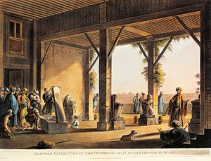 Egyiptomi régiségek egy Boulaq-ház udvarán a Views in Egypt című művéből, Luigi Mayer, metszet alkotó: Luigi Mayer