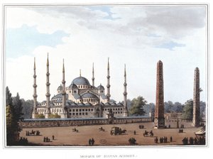 Ahmed szultán mecsete (1609-1616), Isztambul. "" Kilátások az oszmán uralmakban, Európában, Ázsiában és néhány mediterrán szigeten"" című részben Luigi Mayer, London eredeti rajzaiból alkotó: Luigi Mayer