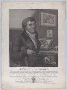 Francesco Bartolozzi portréja, ülve, nagyítóval a kezében grafikai eszközzel..., 1827 alkotó: Luigi Rados