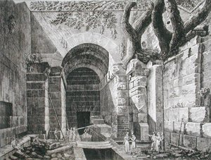 Római maradványok Castel Gandolfónál, Albanói-tónál, a "Le Antichita dei Contorni di Roma" című, 1824-26-ban megjelent műből (metszet).