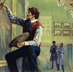 Delacroix dolgozik a vásznán a Párizsi Szalonban (színes litográfia)