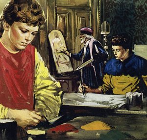 Jan és testvére, Herbert Van Eyck egy helyi festőnél kezdte életét (színes litográfia). alkotó: Luis Arcas Brauner