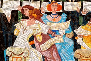 Szecessziós építészet: Katalán Zene Palotája, Barcelona. A homlokzatot díszítő mozaik: nő énekel a katalán kórusban (Orfeo Catala), részlet a bal oldalon. Luis Domenech i Montaner (1850-1923) és Lluis Bru I Salelles (1868-1952), 1905-1919 alkotó: Luis & Bru i Salelles Luis (1868 1952) Domenech i Montaner