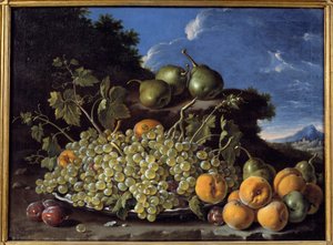 Szőlő, körte, őszibarack és szilva Luis Melendez (1716-1780) festménye