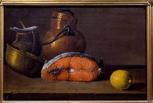 Szelet lazac, egy citrom és edények. Luis Melendez (1716 - 1780), spanyol iskola festménye