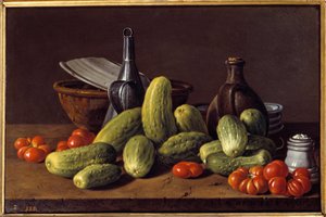 Csendélet: uborka, paradicsom és konténerek. Luis Melendez (1716-1780) festménye
