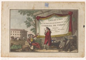 Címnyomat torreádorokkal és bikabőrrel Coleccion de las Principles suertes de una corrida de toros (sorozat címe az objektumon) A legfontosabb bikaviadal manőverek gyűjteménye (sorozat címe)