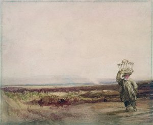 Egy fiú, aki kosarat hord a fején, egy lápvidéki tájon alkotó: Luke Clennell