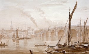 Kilátás a Blackfriars hídra a Surrey partról, csónakokkal az előtérben, London, c1825 alkotó: Luke Clennell