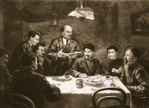 A Bolsevik Párt Központi Bizottságának ülése, 1917. október 23. (litho) alkotó: Lupov (attr. to)