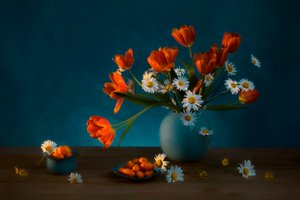 Hangulatos tulipánok és margaréták csendélet