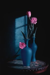 Rózsaszín tulipánok kék vázákban