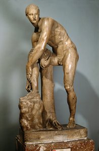 Hermész a szandálját kötözve, a Lysipposnak tulajdonított görög eredeti római másolata alkotó: Lysippos (after)
