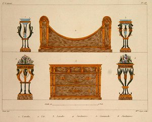 Bútortervek, Mme Soyer gravírozása, 28. tábla a „Modeles de Meubles et de decorations interieures pur les Meubles”-ból, 1828/41-ben (színes litho) alkotó: M. (after) Santi